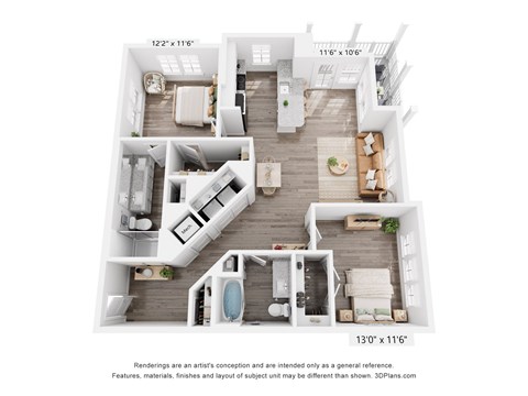 Floor plan for 2 beds, 2 baths, 1147 sqft